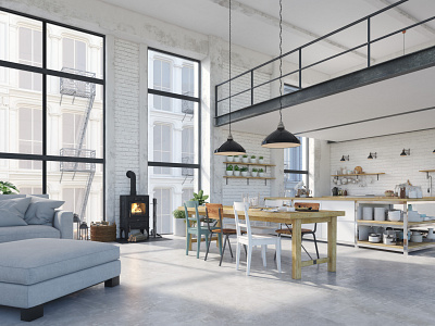 Modern Black and White Kitchen 3D Interior Rendering