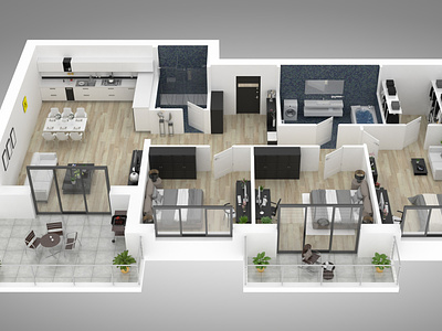 3D Floor Plan Rendering of 3BHK House