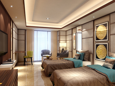 3d interior Rendering of room with 2 single bed