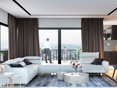 3d rendering of living room with Beautiful view from balcony