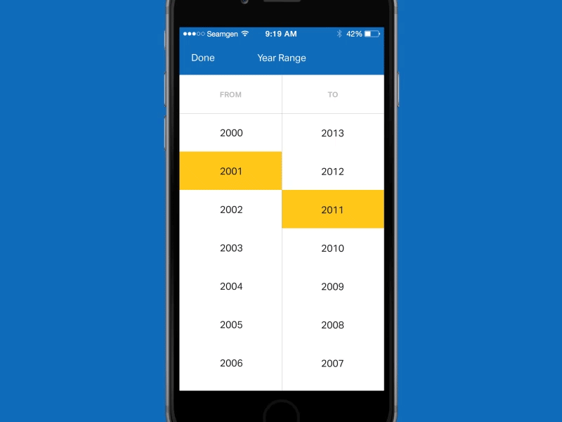 Date Range Picker animated animation gif app blue interaction interface mobile ui user interface year yellow
