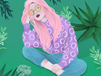 pinklady color design finnish girl girly green illustraion illustrator ipadpro lady nature pink plants procreate woman