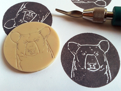 hand-made bear stamp bear black bear hand made lino linocut stamp