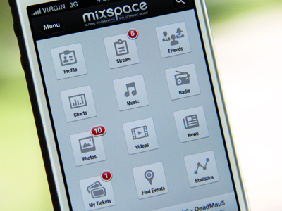 Music network mobile app menu app badges buttons count menu mobile music notifications social