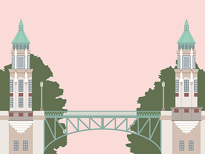 Seattle's Montlake Bridge 1920s architecture bridge gothic gothic architecture green illustration montlake bridge pink scenic seattle vector