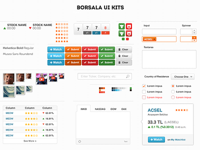 Borsala UI Kits autocomplete button clean colors down filter form hover icon interface kit like navigation rating spinner star stock swatches tab table tabmenu thumnail tooltip ui uikits up video vote web design white