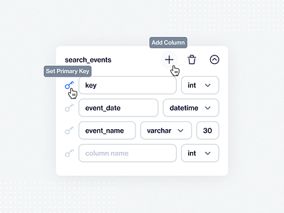 Create a new table add column connect create table data table diagram flat design modern panel primary key table table connect ui