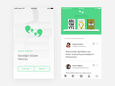 Booksaying — Favorite Sayings Pool app book card discovery green mobile tabbar welcome screen