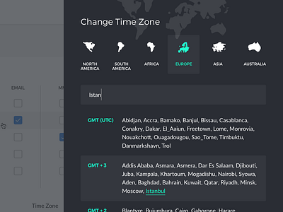 Change Time Zone Modal auto search clean continents dark modal overlay search input search list time zone utc web
