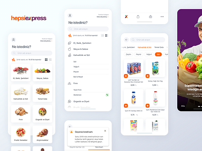Grocery App basket checkout delete flat grocery grocery app hepsiburada hepsiexpress homepage listing minimalist mobile mobile app onboarding product select tabbar