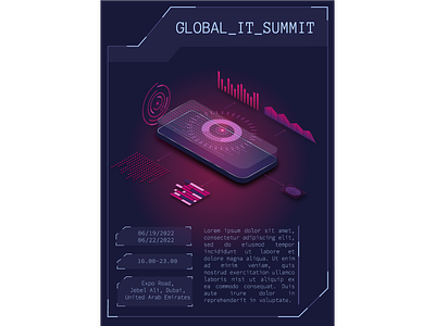 Neon flyer with isometric phone and digital technology diagrams diagrams and graphs digital festival futuristic gradient holograms isometric isometric mobile isometric technology it it event neon technology illustration