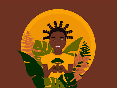 African girl holding little baobab with tropical plants