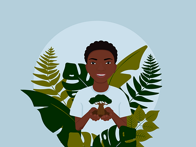 African boy's holding little baobab - symbol of Africa african boy african childhood baobab cards continent graphic design handsome boy happy child illustration kids of africa leaves nature postcard tropical plants vector