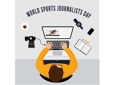 Postcard to the World Sports Journalist's Day camera connected to laptop cameramen edits photos coffee on the desktop journalists workplace microphone on the table mobile phone on the table notebook with notes on the table photographer of sport events publication of sports news sport edition sport journalism sport news typing articles
