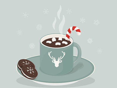 Hot cacao mug with marshmallows, caramel cane, chocolate cookies