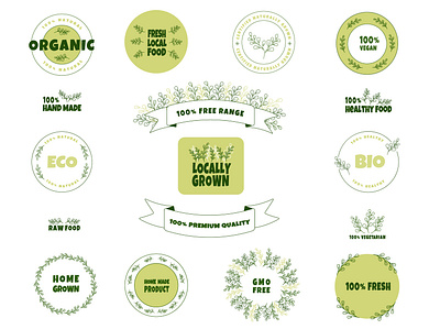 Natural food stickers’ set. Vegan vector icons. grunge