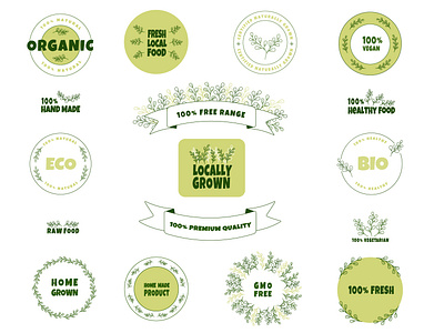 Natural food stickers’ set. Vegan vector icons.