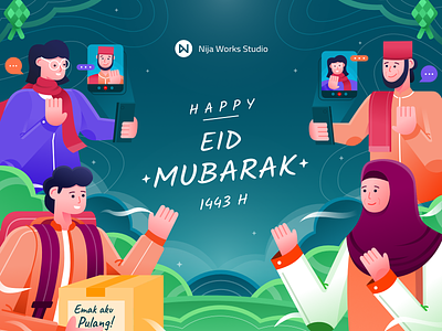 Happy Eid Mubarak 1443 H character eid eid al fitr eid mubarak eid mubarak illustration idul fitri illustration islam moslem mubarak