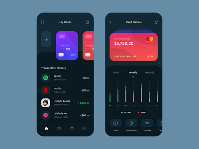 Banking App app app design bank bank app banking banking app clean credit card dark ui data finance finance app mobile mobile banking app mobile ui money statistics transaction ui wallet