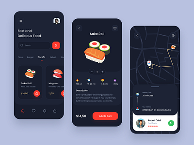 Food Delivery App 3d app clean dark delivery delivery app design food food app food delivery service interface minimal mobile mobile app design order pizza project sushi ui ux