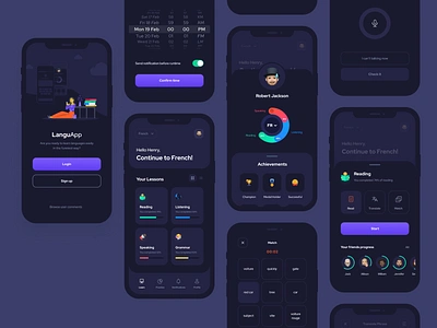 Language Learning App UI Kit app design clean dark mode dark ui education exam interface language language app language learning language learning app language school minimal mobile ui ui design ui kit ui8 ui8net ux