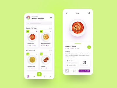 Order Dish App app borshct breakfast concept croissant design dish food green lunch market minimalist mobile mushroom order purple soup spaghetti ui ux