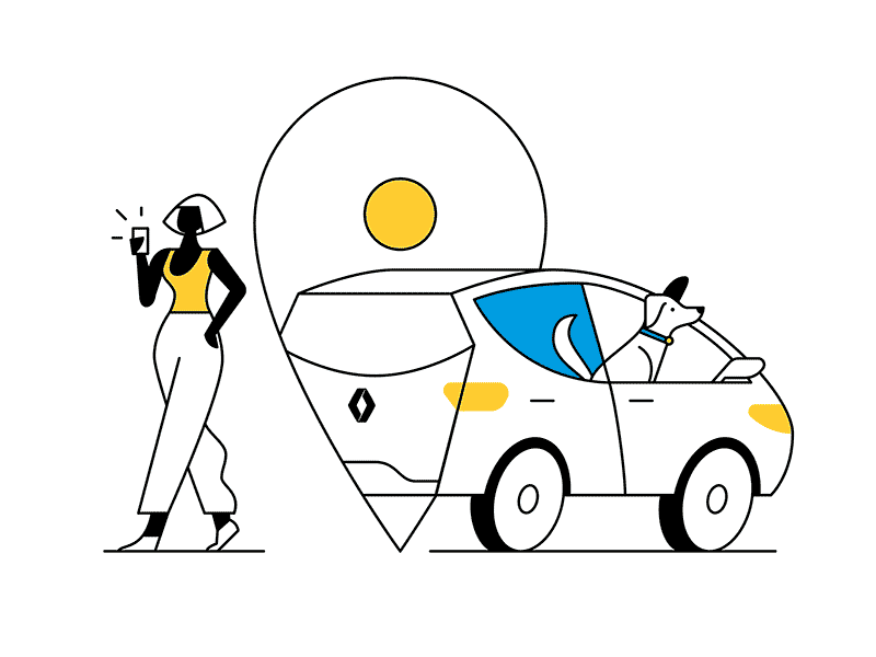 Renault Illustration Spots car dog help location multimedia phone safety security services