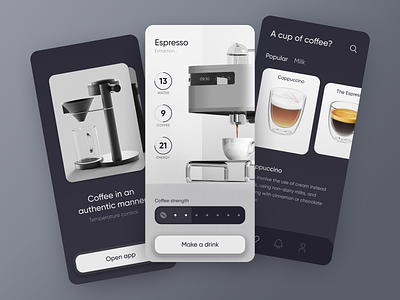 Coffee Machine App [ mobile app ] appliances cafe coffee cup coffee machine coffee maker control devices home automation internet of things iot kitchen mobile mug onboarding panel remote smart smart home smart house ui