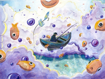 Fly Fishing background design childrens art clouds concept design drawing fish illustration illustrator mixed media nature painting watercolor