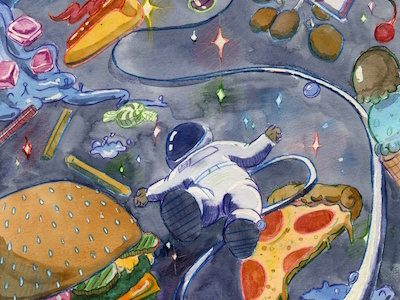 Astro Cravings background design childrens art concept design drawing food free hand funny illustration mixed media painting space watercolor