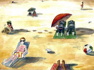 Beach Bums background design childrens art concept design drawing free hand funny illustration mixed media ocean painting robots watercolor