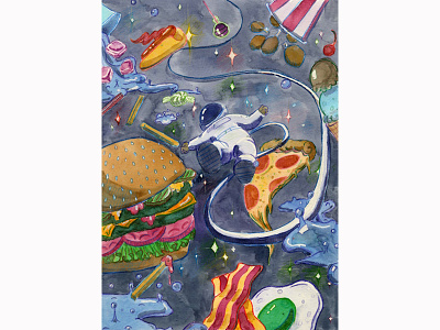 Astro Cravings background design childrens art concept design drawing food galaxy illustration illustrator mixed media painting space watercolor