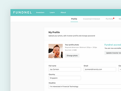 Investor profile page profile page registration page signup page ui ui design ux