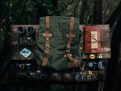 Top View of Photographer Equipment - Branding l by GENTCREATE backpack backpacker design evergreen forest gent create gentcreate illustration journal logo photographer photography sustainable videography wood wooden
