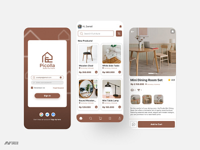 Picolla : a Minimalist Furniture Mobile App - UI Design brand brown ui design furniture app ui furniture mobile app logo design ui ui design