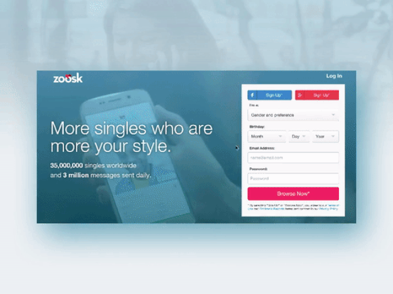 Zoosk Homepage re-design clean debut flat icons landingpage menu navigation startup ui ux web weddesign