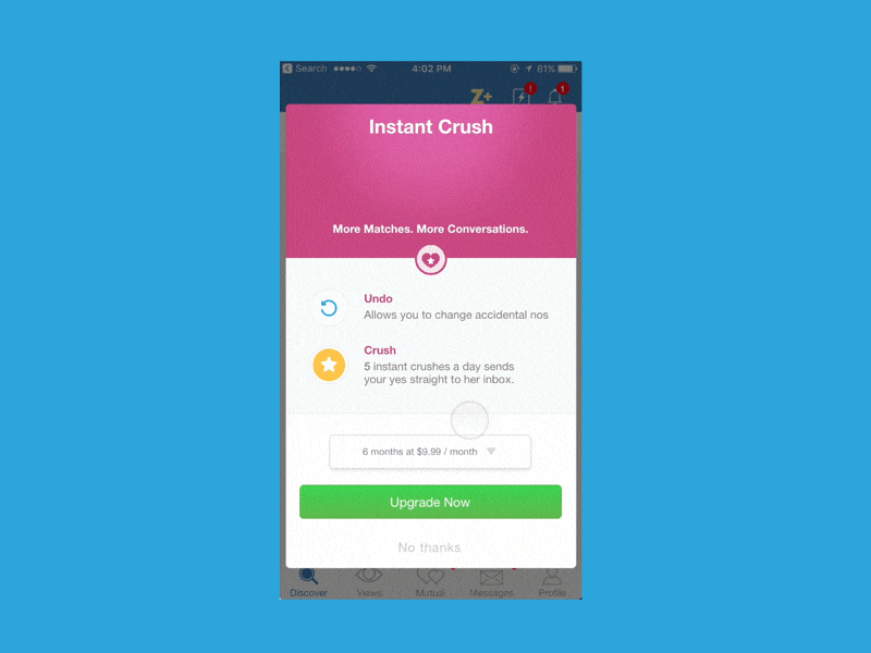 Zoosk "Instant Crush" and "Undo