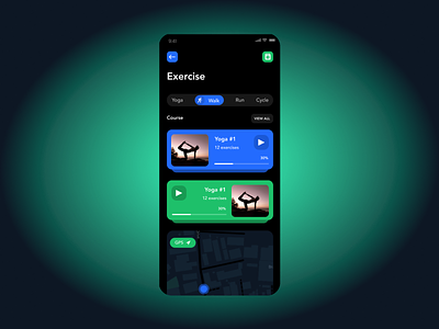 Excercise App Dark UI V1 android appdesign dark design excercise gym location maps mobile design new popular trending ui uiux workout