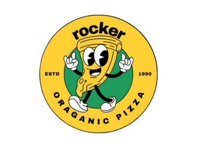 Retro Logo-ROCKER ORGANIC PIZZA 3d animation app branding cartoon design food graphic design illustration logo mascot motion graphics pizza retro ui vector