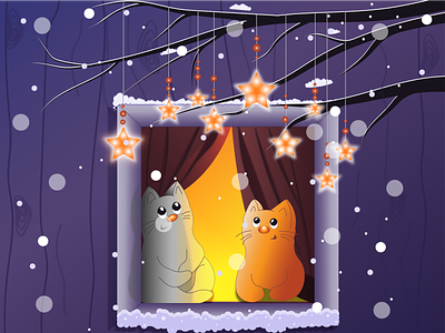 Cats adobeillustrator cats cosy cristmas designe dreams evening garland home illustration love romance snow snowfall vector window