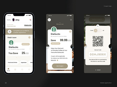 Coupon app app cards coffee coupon design interfacedesign qr redeem starbucks ui uiux ux voucher