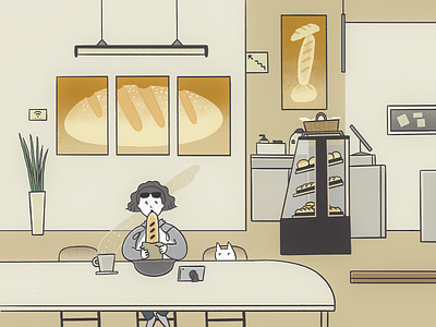 Morning bread and The White Cat bakery drawing illust illustration illustrator 그림
