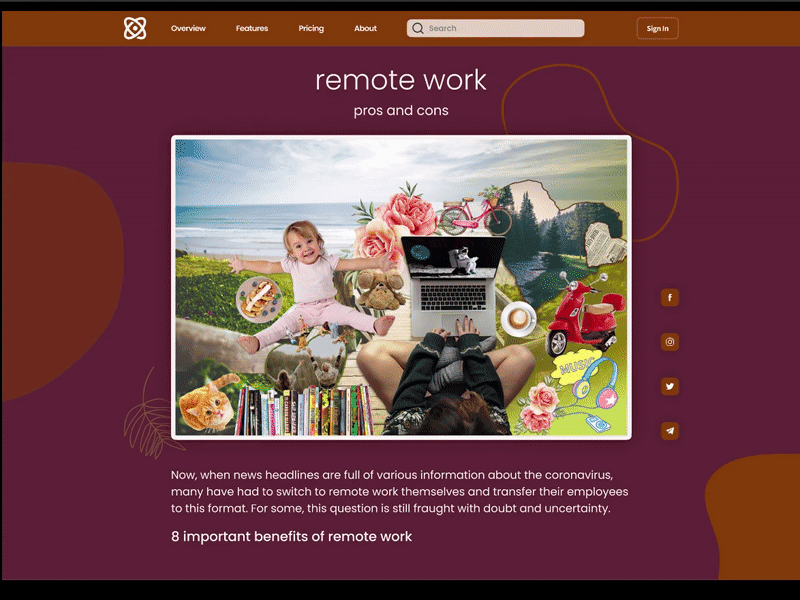 Screen article on the topic of remote work adobe photoshop collage design figma first screen graphic design ui ux