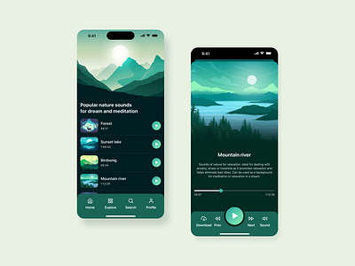 Dream and meditation music mobile app app design app interface design concept dream app human interface meditation app mobile app music listening app podcast app ui ux