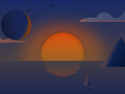 the last rays of sunlight boat design illustration mountain planet sketch sun travel