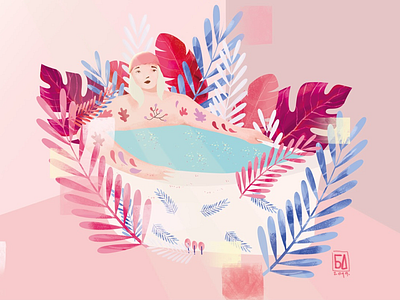 Relax bath digital flowers girl illustration leaves pastel pink