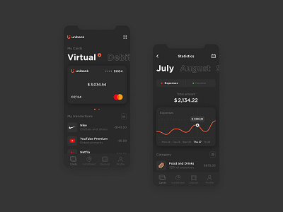 Unibank. Dark theme. amount app application banking card creditcard dark dark theme expenses finance finance app finance application finances fintech app income mobile mobile app mobile banking