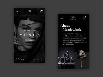 Meadowlark. Mobile version. about us black and white concept design jewellery main minimal mobile ui ux