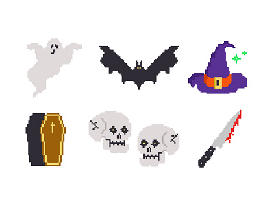 Halloween pt 2 bat coffin ghost halloween illustration knife pixel art pixels skull vector witch hat