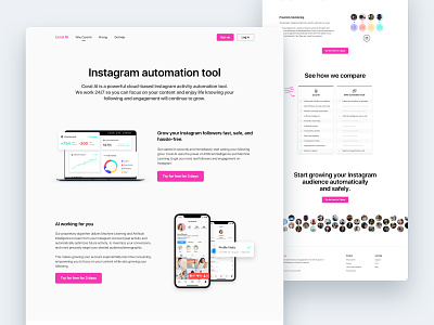 Coral - Internal page analytics automation charts clean compare design followers insights instagram interface landing layout pink proxy table tool ui ux webapp website
